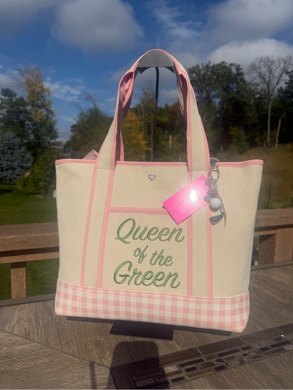 NWT Betsey Johnson" Queen of the Green" Canvas Tote Pink Gingham Bag